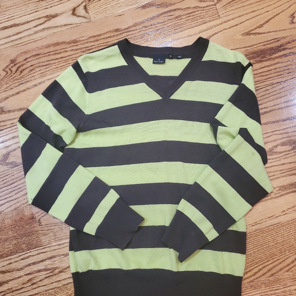 Paul Smith green and brown striped 100% wool V Neck sweater. delicious color